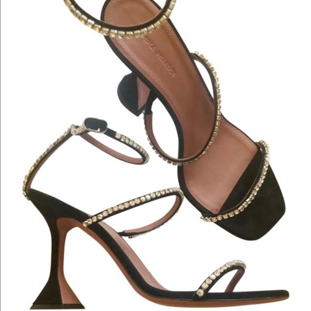 Amina Muaddi Black Suede Crystal Gilda Sandal Sz 9